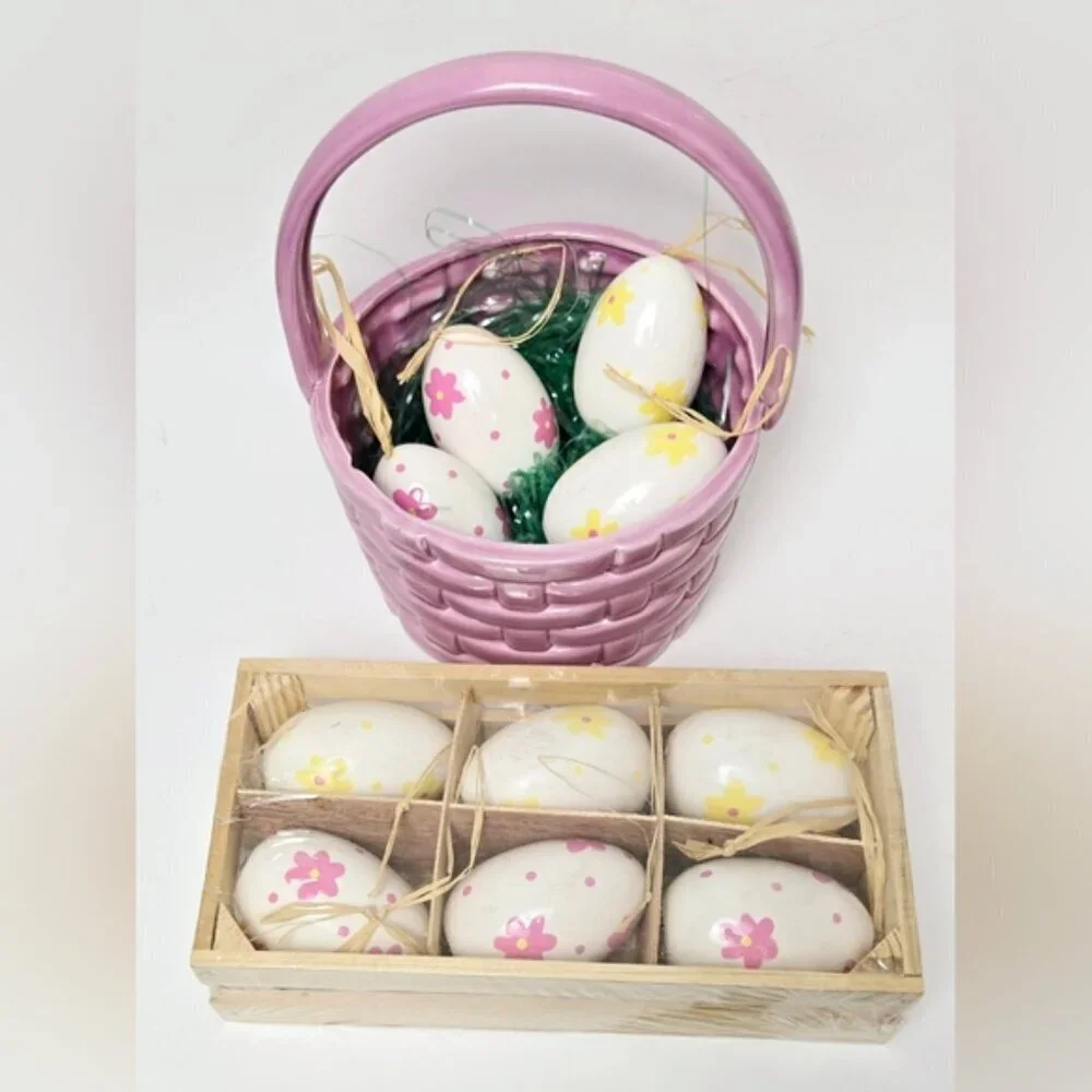 Charming Vintage Purple Basket w/ Decorative Hand painted Ceramic Eggs Ornaments
